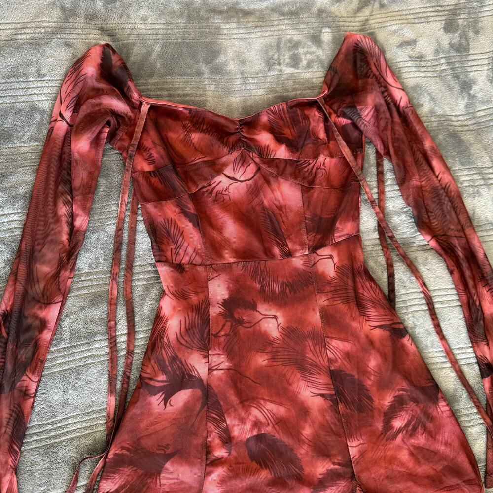 Cider Red Mesh Long Bell Sleeved Off The Shoulder Mini Dress Women's XS - Picture 3 of 11